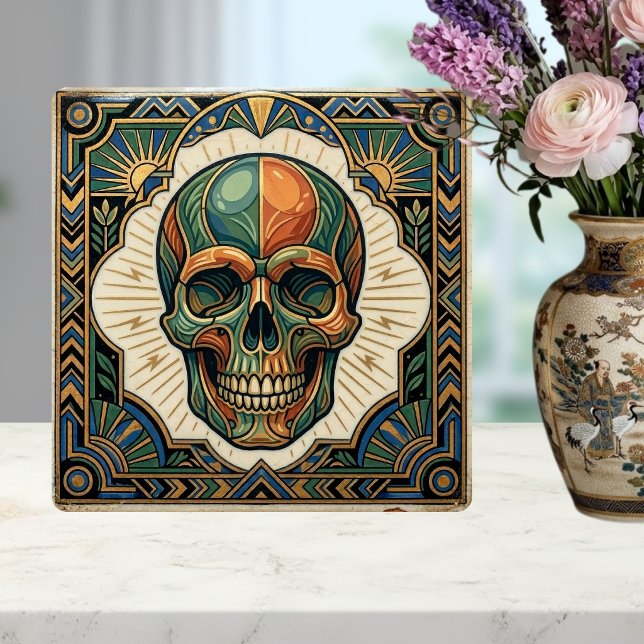 Art Deco Skull Emerald Green Orange Gold Ceramic T Fliese (Von Creator hochgeladen)