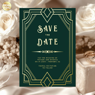 Art Deco Smaragd-Gold-Hochzeit Save the Date Folieneinladung