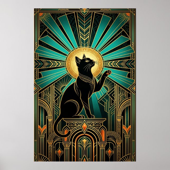 Art Deco Smaragd-Halo Smaragd-Thron-Katze Poster (Vorne)