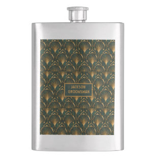 Art Deco Smaragdgrün Gold Maßgeschneiderter Trauze Flachmann