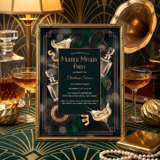 Art Deco Speakeasy Murder Mystery Christmas Party Einladung (Speakeasy Murder Mystery Christmas Party – Art Deco Black & Gold, Champagne, Personalized)