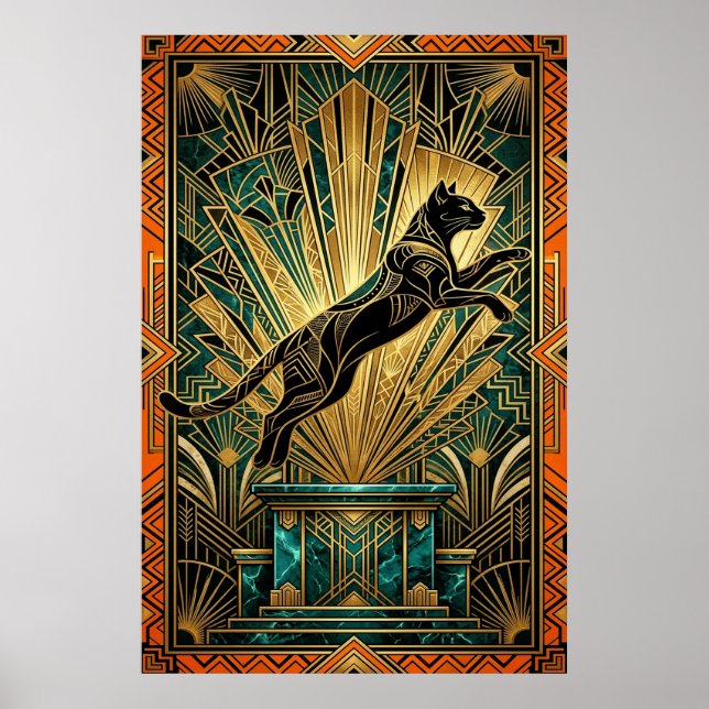 Art Deco springender goldener Luchs-Wandkunst Poster (Vorne)