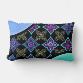 Art Deco Star Blume Aqua Violet Blue on Black Lendenkissen
