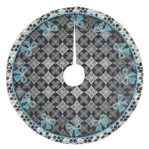 Art Deco Star Blume Schwarz - Weiß mit blauen Böge Fleece Weihnachtsbaumdecke