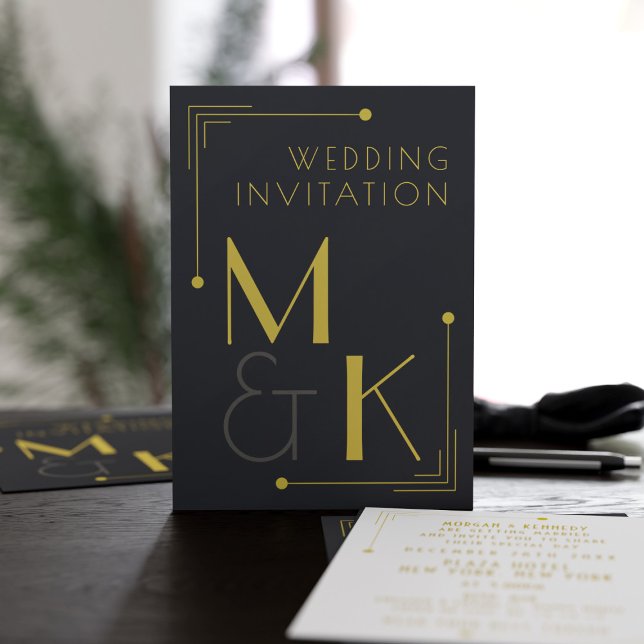 Art Deco Stil 1920 Schwarz Gold Hochzeit Einladung (A black and gold 1920's vibe Gatsby Wedding style invitation. Add the details of yours)