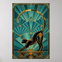 Art Deco Stretching Black Cat Wall Art