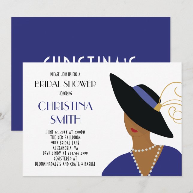 Art Deco Style Girl im Black Hat Brautparty Einladung (Vorne/Hinten)