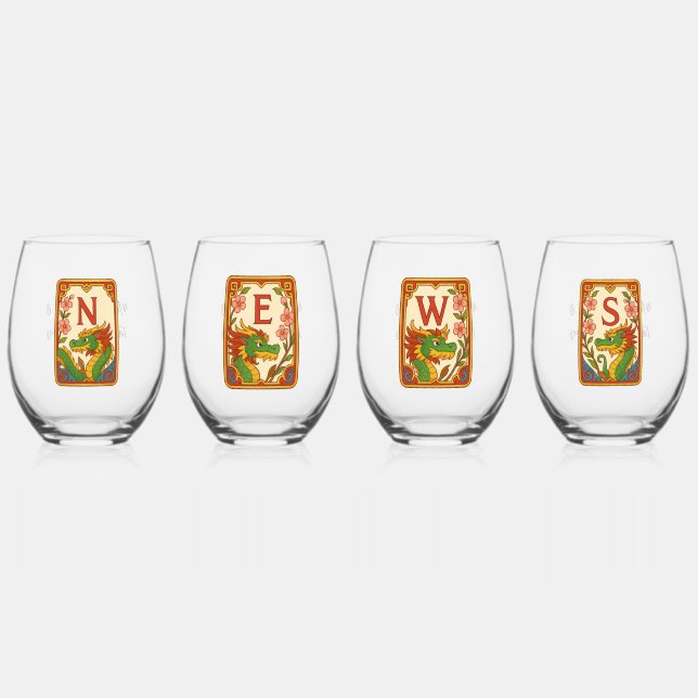 Art Deco Style Mahjong Winds & Dragons Weinglas Ohne Stiel (Vorderseite)