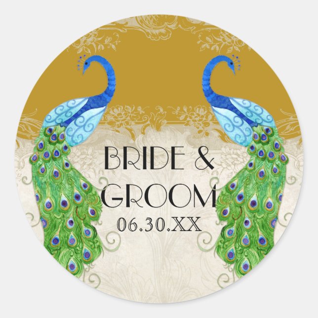 Art Deco Style Pfau Gold Gefallen Geschenktasten S Runder Aufkleber (Vorderseite)