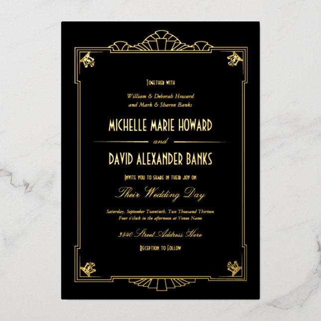Art Deco Style Wedding Gold Folieneinladung (Vorderseite)