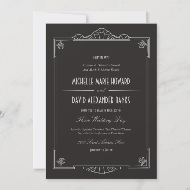 Art Deco Style Wedding Invitation (Silver) Einladung (Vorderseite)