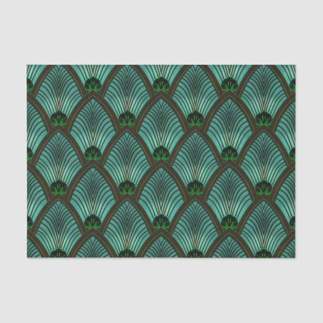 Art Deco Sunburst Fan in Metallic Green Seidenpapier (Vorderseite)