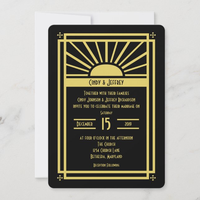 Art Deco Sunburst Hochzeiten Einladungen (Vorderseite)