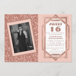 Art Deco Sweet 16 Rosen Gold Glitter Gatsby Foto Einladung