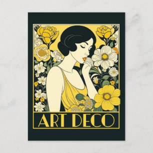 Art Deco Tag Frau & Blumen Postkarte