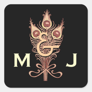 Art Deco Tan Peacock Feathers Monogram Wedding Quadratischer Aufkleber