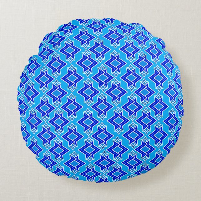Art Deco Tapete Muster, Cerulean Blue Rundes Kissen (Vorderseite)