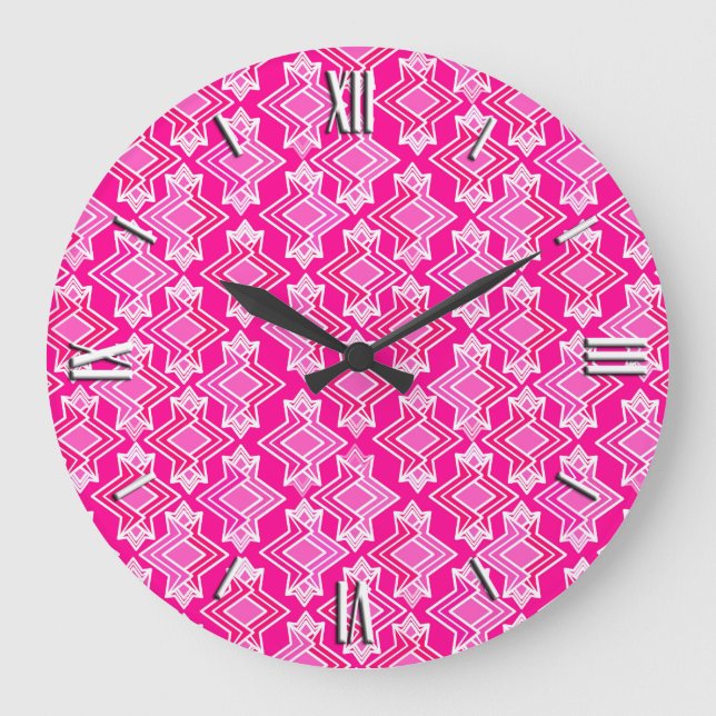 Art Deco Tapete Muster, Fuchsia Pink Große Wanduhr (Vorderseite)