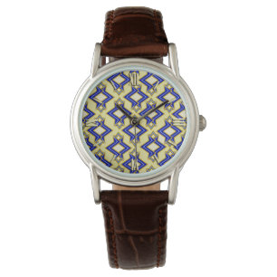 Art-Deco-Tapeten-Muster, Beige und Blau Armbanduhr