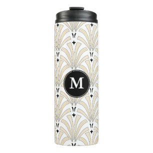 Art Deco Taupe & White Palmettos Monogramm Thermosbecher