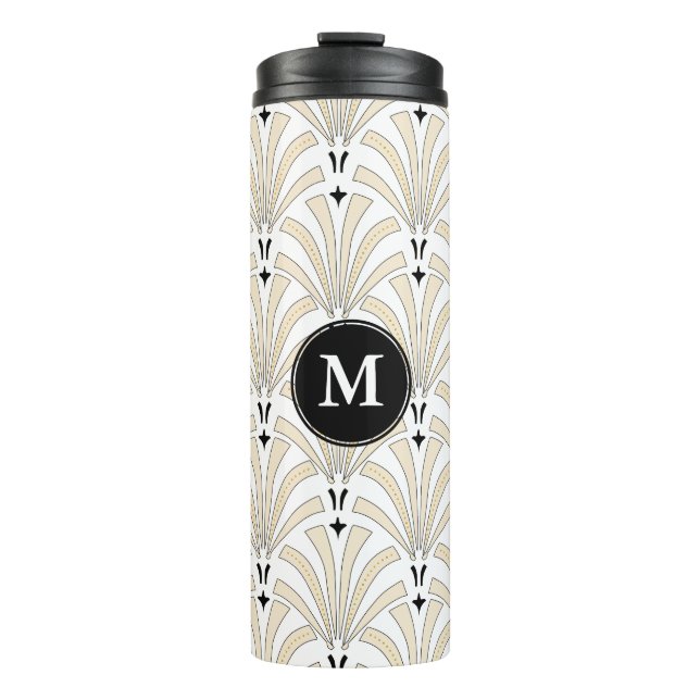 Art Deco Taupe & White Palmettos | Monogramm Thermosbecher (Vorderseite)