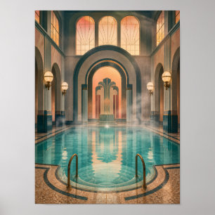 Art Deco Thermalpool bei Morgendämmerung 12x16 Pos Poster