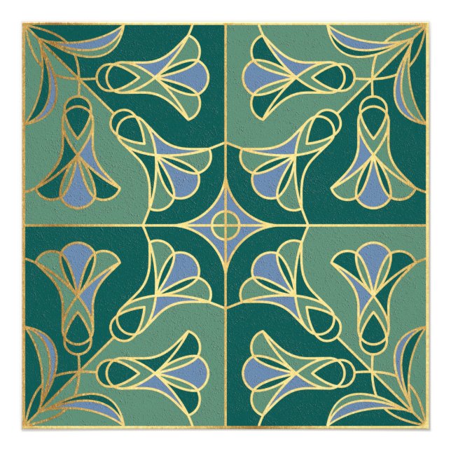 Art Deco Tile Floral. Grün, Blau und Gold Fotodruck (Vorne)