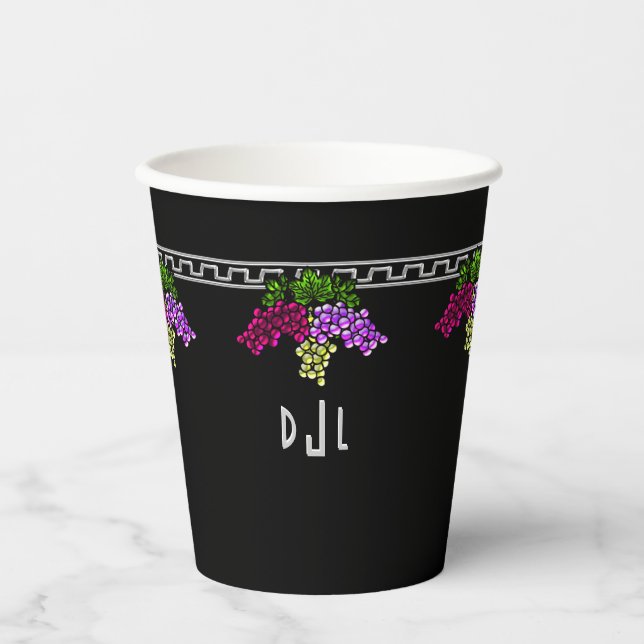 Art Deco Trauben - Schwarz, Silber, Violett Mit Mo Pappbecher (Vorderseite)