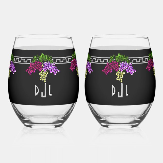 Art Deco Trauben - Schwarz, Silber, Violett Mit Mo Weinglas Ohne Stiel (Vorderseite)