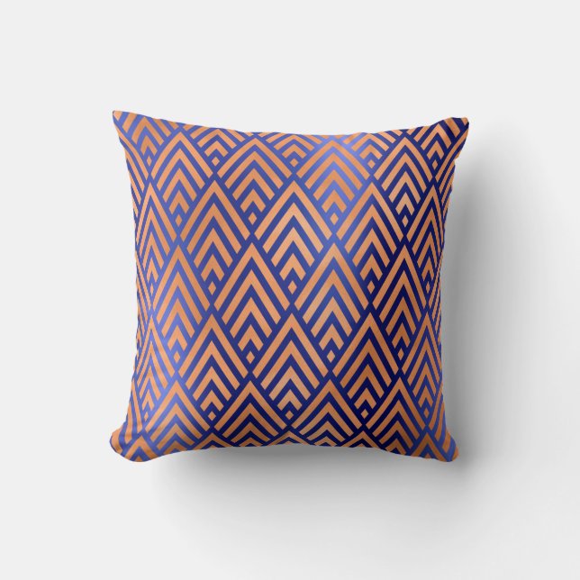 Art Déco Triangle Geometrie Warm Kupfer Cobalt Blu Kissen (Vorderseite)