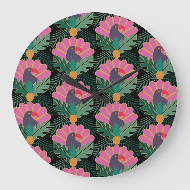Art Deco Tropical Toucans & Pineapes Große Wanduhr (Vorderseite)