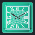 Art Deco, türkis / Pfau Quadratische Wanduhr<br><div class="desc">Art Deco,  Türkis / Pfauenblau-grün,  3-D-Effekt-Wanduhr mit weißen Zahlen - digitale Grafik</div>