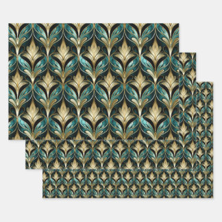 Art Deco Türkis- und Goldfächer-Muster-Geschenkpap Geschenkpapier Set