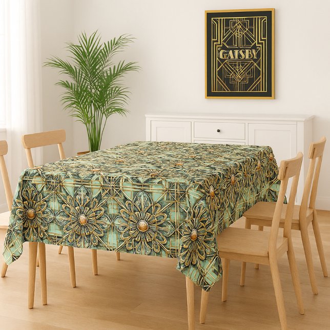 Art-Déco-Verziertes grünes Gold der 1920er Jahre Tischdecke (Von Creator hochgeladen)