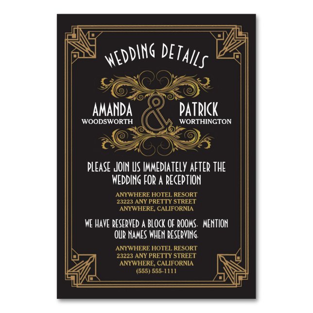 Art Deco Vintag Black Gold Wedding Beilagen Karten (Vorderseite)