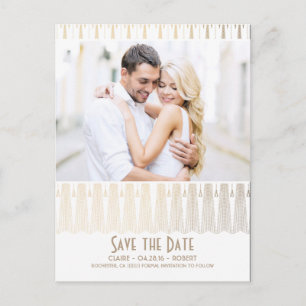 Art Deco Vintag White Gold Foto Save the Date Ankündigungspostkarte