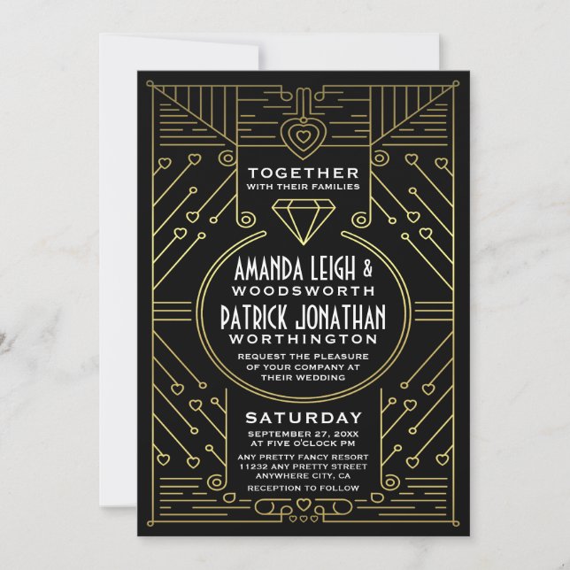 Art Déco Vintage Black & Gold Wedding Invitations (Devant)