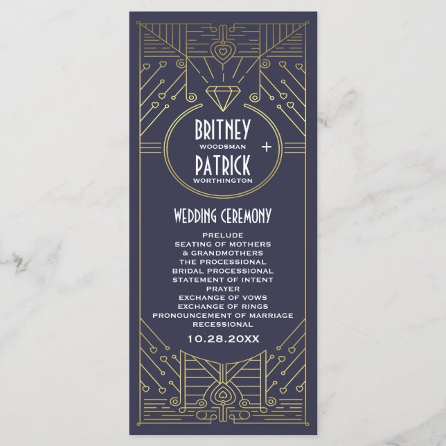 Art Deco Vintage Hochzeitsprogramme für die Marine Programm (Vorderseite)