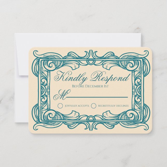 Art Deco Vintage Teal Champagne Wedding RSVP Card (Vorderseite)