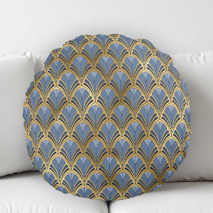 Art Deco Vintages Blumenmuster Muster Blau Gold Rundes Kissen