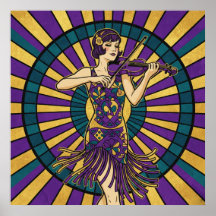 Art Deco Violinistin Poster Lila und Gold Flapper
