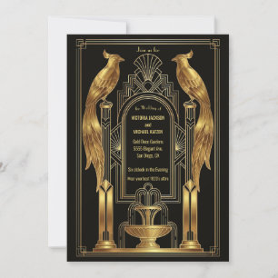 Art Deco Vogel Hochzeits-Einladung Gold Schwarz Einladung