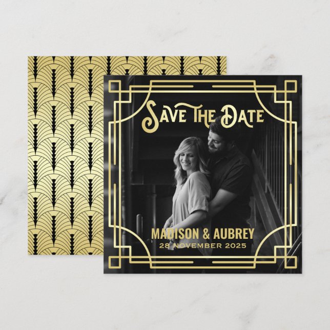 Art Deco Wählen Sie ein Foto Elegantes Gold Save t The Date (Vorne/Hinten)