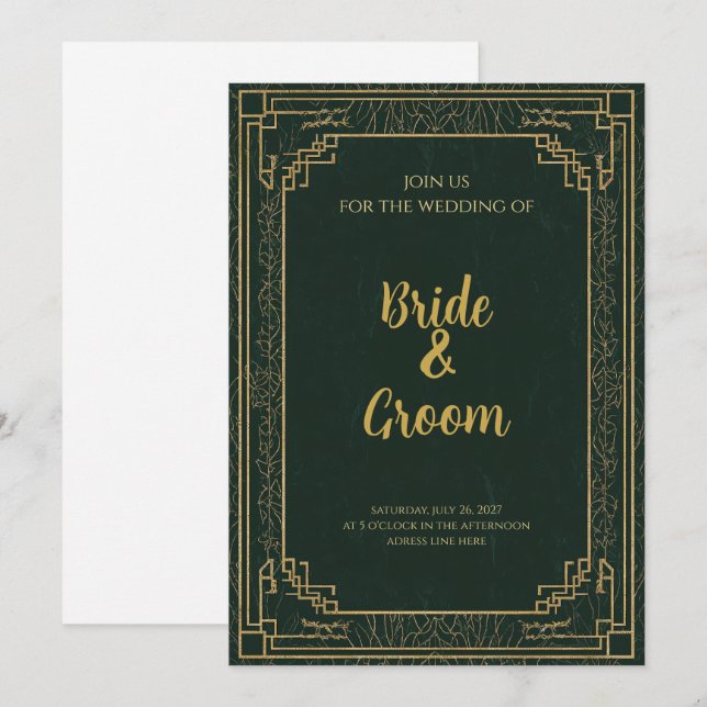 Art Deco Waldgrün Gold Einladung (Vorne/Hinten)