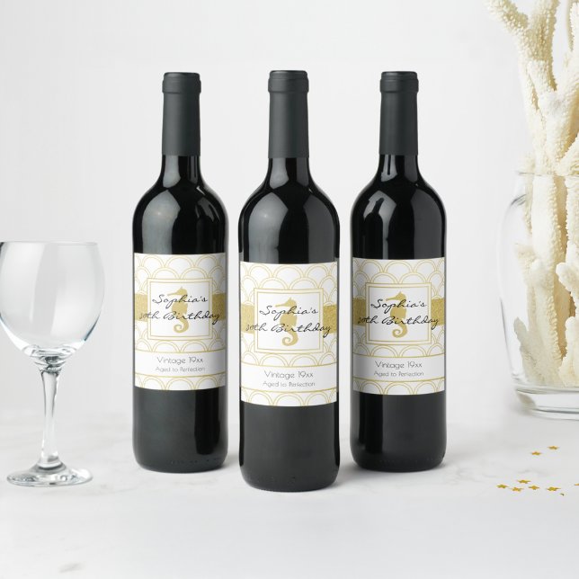 Art Deco Wave Gold Glitzer Seepferd Geburtstag Weinetikett (Von Creator hochgeladen)