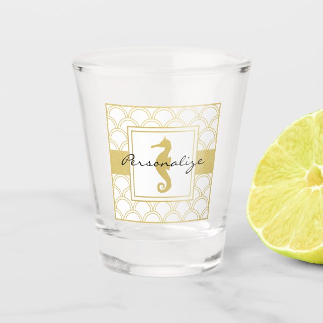 Art Deco Wave Gold Glitzer Seepferd Schnapsglas (Vorderseite)