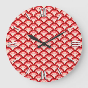 Art Deco wave pattern - coral red and pink Große Wanduhr