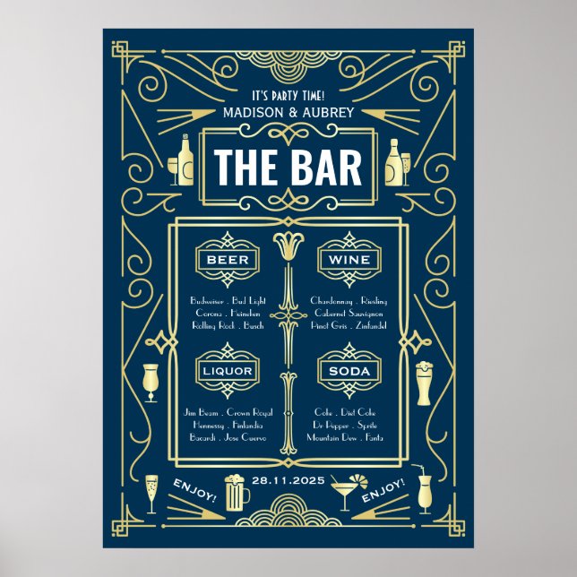 Art Deco Wedding Bar Menu Weinkultur und Erde Part Poster (Vorne)