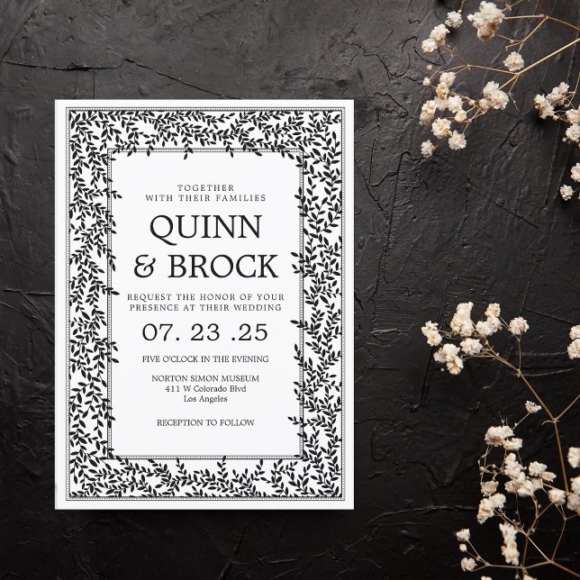 Art Deco Wedding Black and White Foliage Einladung (Von Creator hochgeladen)