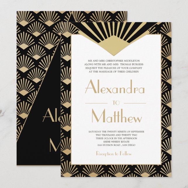 Art Deco Wedding Black Gold Roaring 20 Einladung (Vorne/Hinten)